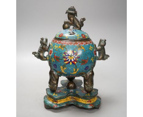 A large Chinese cloisonne enamel tripod censer, cover and stand, 29cm