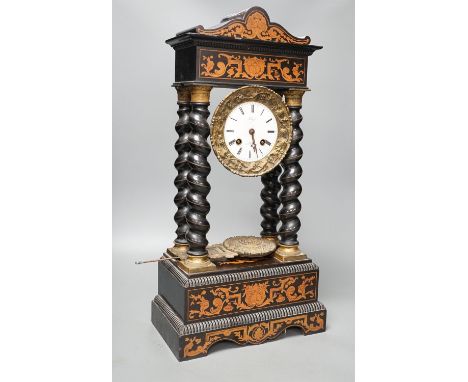 An ebonised and marquetry portico clock, dial signed Valogne, Paris, 56cm high
