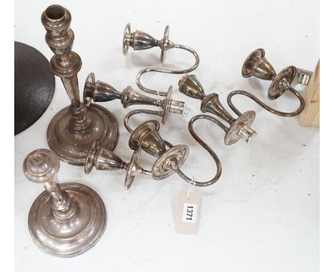 A pair of plated two branch, three light candelabra, 44cm, one a.f.