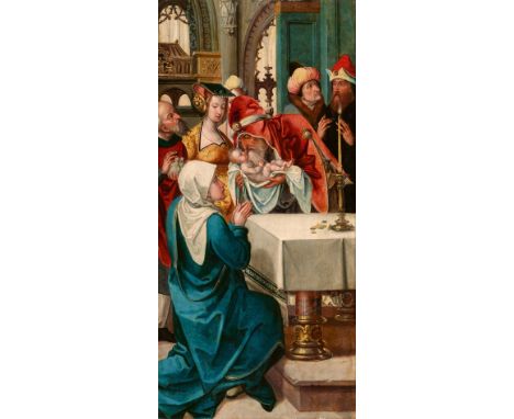 Cornelis Engebrechtsz, zugeschrieben, Darbringung Christi im TempelÖl auf Holz. 63,5 x 31 cm.GutachtenAlfred Stange, Tutzing,