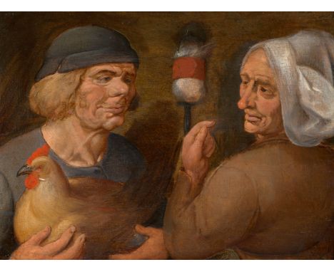 Marten van Cleve, Paar mit Spindel und HenneÖl auf Holz (parkettiert). 22 x 30,2 cm.GutachtenKlaus Ertz, Lingen, 14. Februar 