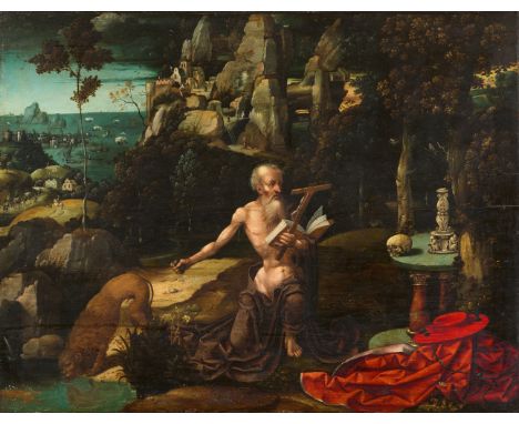 Antwerpener Meister des 16. Jahrhunderts, Büßender HieronymusÖl auf Holz. 51,5 x 67,5 cm.ProvenienzSammlung Adalbert von Kola