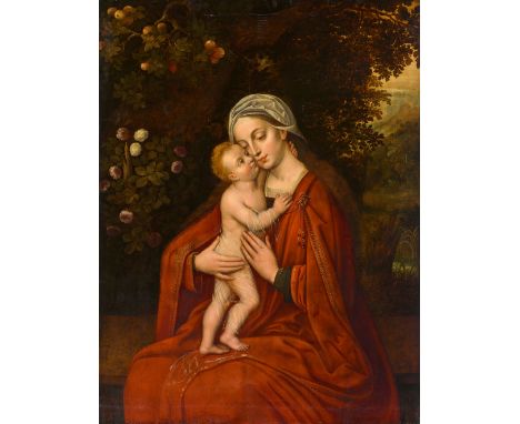 Brügger Meister 2. Hälfte 16. Jahrhundert, Madonna umarmt vom Christuskind vor einer RosenheckeÖl auf Holz (parkettiert). 123