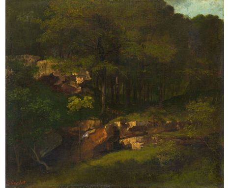 Gustave Courbet, Bewaldeter Berghang  mit FelsenÖl auf Leinwand (doubliert). 46 x 55 cm.Signiert unten links: G. Courbet.Prov
