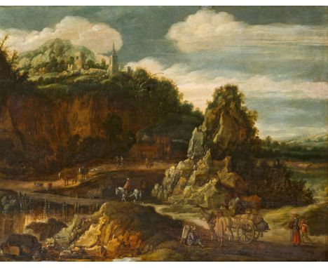  Esaias van de VeldeHügelige Landschaft mit einem Weg über einen BachÖl auf Holz. 45 x 61 cm.Signiert und datiert unten Mitte