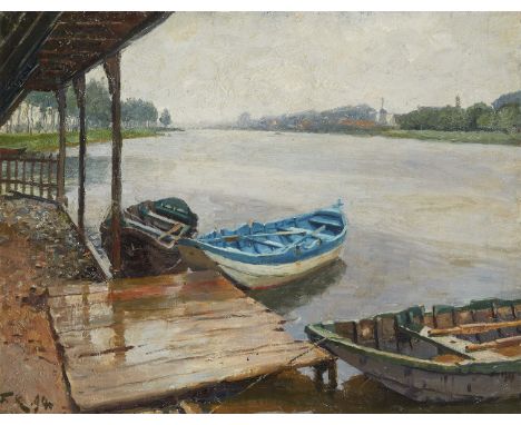 Friedrich Kallmorgen, Anlegesteg im holländischen KanalÖl auf Leinwand, auf Karton aufgezogen. 50 x 63 cm.Monogrammiert und d