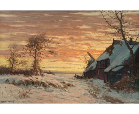 Paul Müller-Kaempff, Bauernhof und Mühle im winterlichen AhrenshoopÖl auf Leinwand. 80 x 120 cm.Signiert unten links: P. Müll