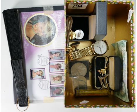 A collection of vintage items: including Bentley cufflink's, coins, Gents Rotary Wristwatch, Ladies Fan, Lady Diana first day