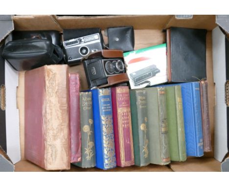 A mixed collection of items to include: early 20th Century hard back books, Ross, Ensign, Ful-vue super camera and similar