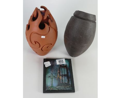 A collection of modern ceramic items: to include vases and framed tiles. height of tallest 25cm (3)