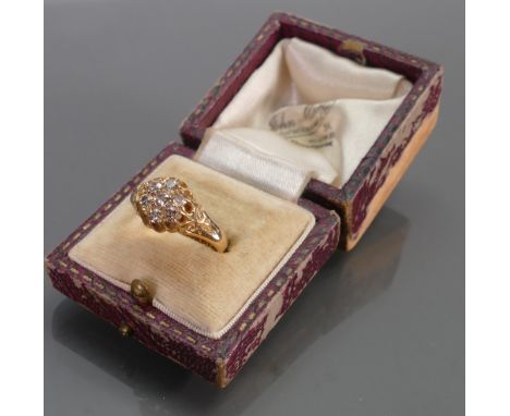 18ct gold &amp; diamond cluster ring Chester 1919: 7 old cut diamonds, centre 3mm &amp; 6 outside 2.5mm appx. Size P, weight 