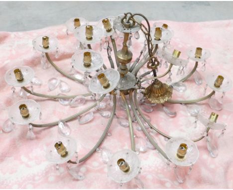 Very Large Brass 18  Branch Chandelier with faceted droppers : with matching candle bulbs, diameter 91.5cm