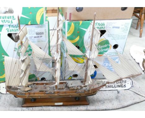 Large Wooden Model Ship / Galleon: together with Cast Iron Metal Sign &amp; 5 Branch Small Chandelier (3)