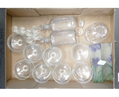 Collection of glass including 19th century decanters x 3:  Together with 8 sundae glasses, 6 shot glasses & 2 floral vases.  