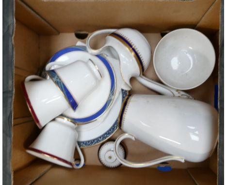 Spode Knightsbridge pattern Coffee Pot, Cream &amp; Sugar: together with Royal Doulton cups and saucers etc