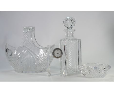 A collection of Crystal Glass to include: Large Basket, decanter, Ashtray &amp; mantle clock(4)