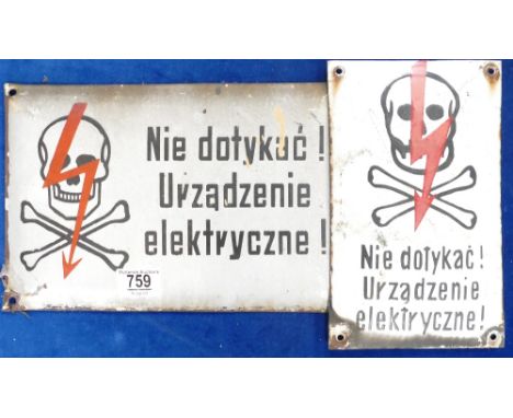 Two Vintage Polish Enamel Electricity Signs:
