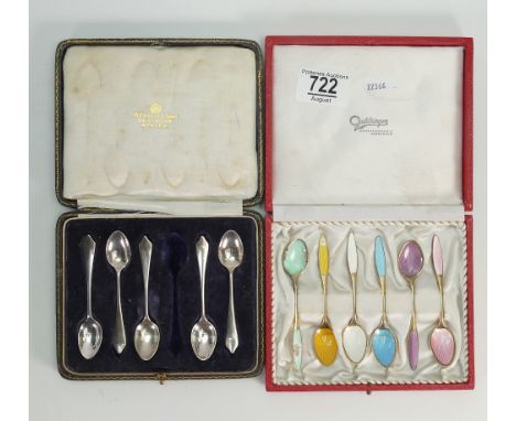 2 cased sets silver spoons one enamel: Some damage to enamel and one plain coffee spoon missing.  Enamel spoons marked sterli