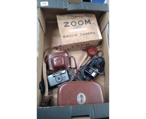 A collection of camera equipment to include: Kodak, Rollei Pentax film Camera's together with boxed Kopil 8mm Movie camera