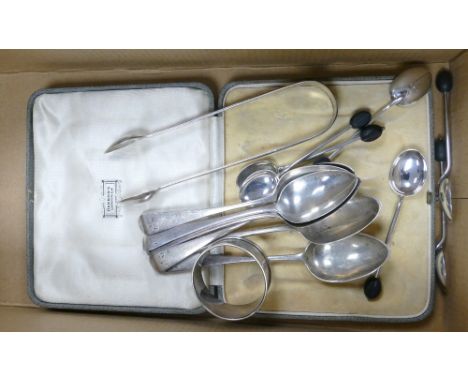 Harrods Cased Set Bean Spoons: together with, napkin ring &amp;  six monogrammed spoons  with matching sugar Tongs, 168 grams