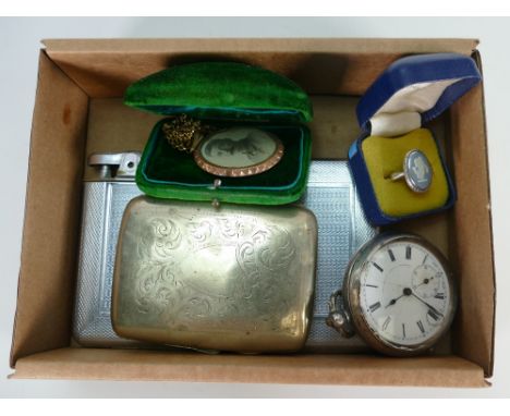 A collection of vintage items; including Silver pocket watch, Wedgwood jasper silver ring, cigarette cases etc