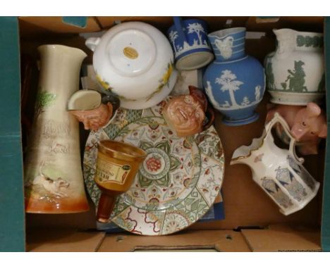 Tray of Ceramics: to include Masons Liberty Ianthe Jug, Masons Applique Plate, Wedgwood Jasper Ware, Doulton Jugs, Wade Items