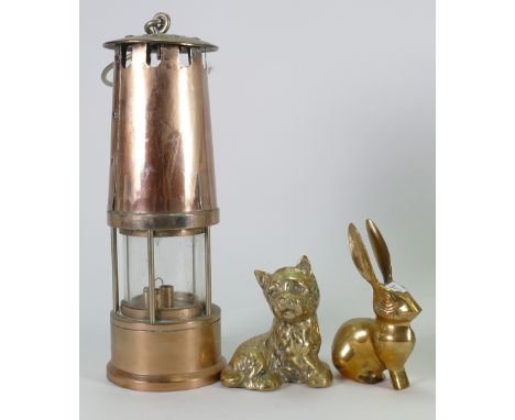 Brass Miners Lamp: together with 2 small animal figures etc 