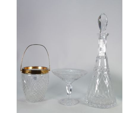 A collection of Wedgwood Irish Galway Glass to include: Decanter, Biscuit Barrel and Comport, height of tallest 38cm(3)
