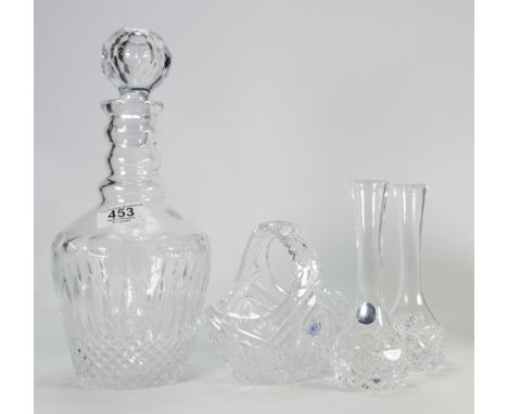A collection of Wedgwood Irish Galway Glass to include: decanter &amp; Cover, Small Basket, Pair of Bud Vases, height of tall