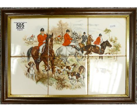 Maw &amp; Co Decorated Tile Panel of Hunting Scene: crack to lower left and lower right tiles, 34cm x 24cm