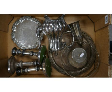 Silver Plated items to include: Candlesticks, Walker &amp; Hall Teapot, trays, sifter basket bowl etc