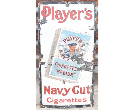 Original enamel sign Player's Navy Cut Cigarettes with matchbox decoration. Approx 94 x 48cm. Some losses.  There are some lo