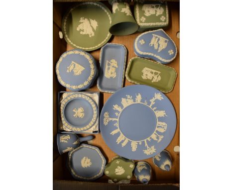 A collection of Wedgwood Jasperware to include light blue and sage green consisting of plates, trinkets, vases etc (14).  In 