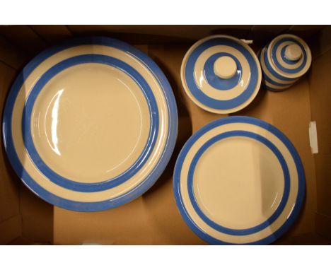 A collection of vintage T G Green Cornish Blue kitchen ware to include 5 x 30cm dinner plates, 6 x 23cm plates and 2 lidded p