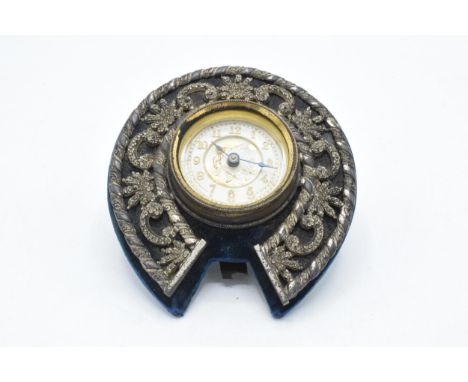 Victorian British United Clock Co ornate mantle clock in the form of a horseshoe, 12.5cm tall (missing easel-back).  Untested