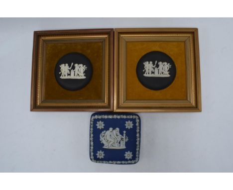 A pair of framed Wedgwood Black Jasperware oval plaques together with 19th century dip blue square trinket (3). Plaques 18cm 