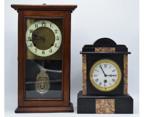 A vintage American wooden cased wall clock together with an early 20th century slate mantle clock (2).  Some damages apparent