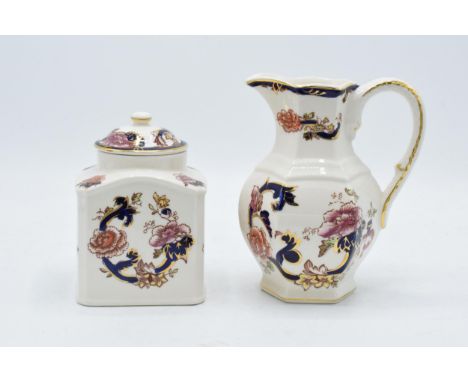 Masons Blue Mandalay jug and trinket / tea caddy (2).  In good condition with no obvious damage or restoration.