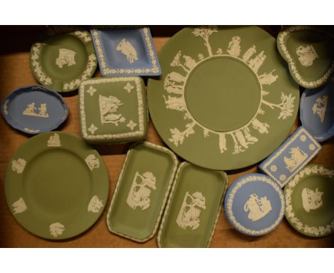 A collection of Wedgwood Jasperware to include light blue and sage green consisting of plates, trinkets, vases etc (13).  In 