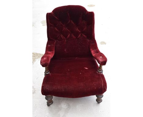 19th century upholstered mahogany button-back library-style chair, 94cm tall. In need of attention.  
