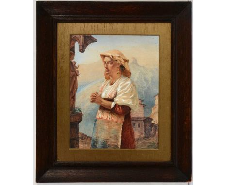 H* J* A* Miles - Portrait study of an Italian lady at prayer, signed and dated 1868, watercolour, 41 x 32cms, in oak frame.