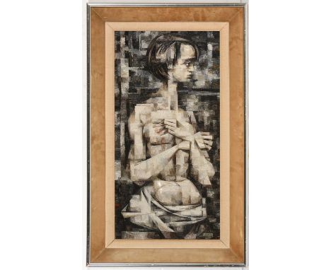 G* E* Ball - Cubist portrait of a nude woman, signed, oil on board, 66 x 33cms, in silver painted and cloth frame.