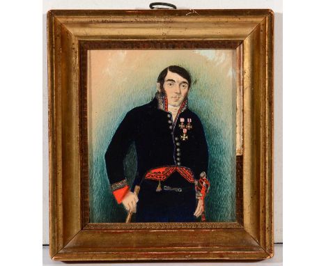 British School, 19th Century - Portrait of a decorated soldier, watercolour, 11 x 10cms, in a gilt frame. 