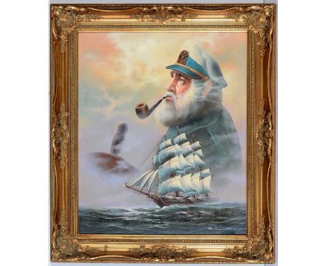 Ken Summers - Study of a sailing vessel foiled against a portrait of an 'old salt' or sea captain, signed, oil on canvas, 60 