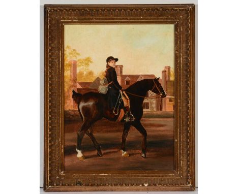 British School, 19th Century - Portrait of a gentleman on horseback, unsigned, oil on panel, 24 x 18cms, in gilt frame.