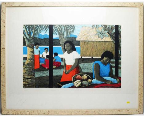 Ray Crooke - "Fijian village" signed, inscribed and dated '91 in pencil to the margins and editioned 64/175, silkscreen, 47 x
