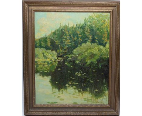 Renée Vautelet - "The Trout Pool", signed, further inscribed to gallery label verso, oil on canvas, 51 x 41cms, in a gold pai