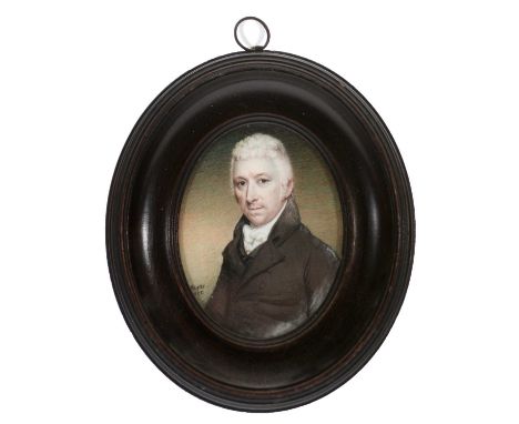 Attributed to Charles Hayter - A half-length miniature portrait of a grey-haired gentleman wearing a black coat and white sto