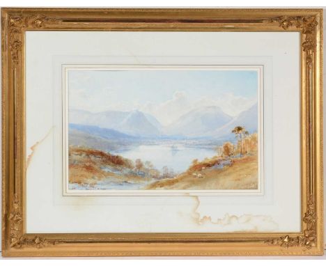 Edward Arden - Hazy Lakeland landscape with amethyst peaks, signed, watercolour, 23 x 34cms, in gilt frame.