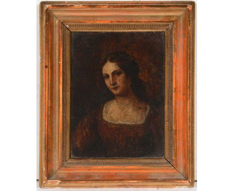 Italian School, early 19th Century - "Portrait of a lady in Renaissance dress", oil on panel, 14 x 10cms, in gilt frame.